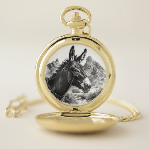 Western Donkey Portrait Desert Landscape Pocket Watch