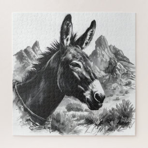 Western Donkey Vintage Black & White Puzzle