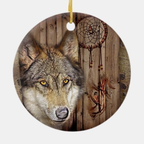 Western dream catcher  native american indian wolf ceramic ornament