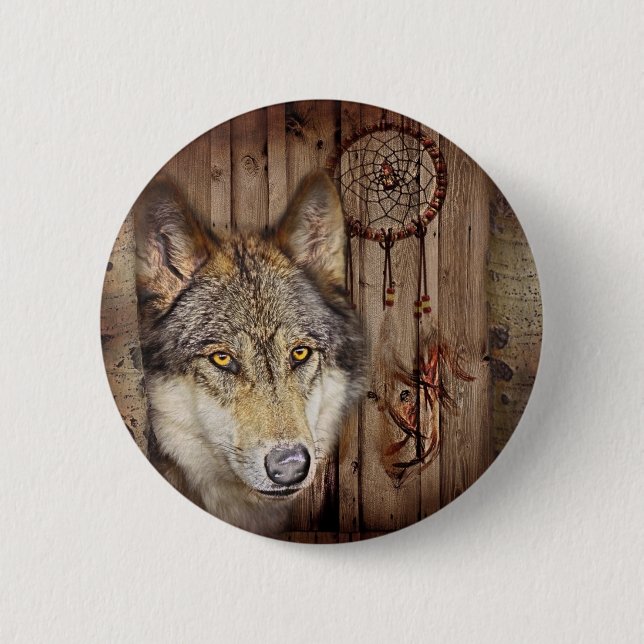 Western dream catcher  native american indian wolf pinback button (Front)