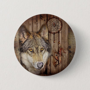 Western dream catcher native american indian wolf pinback button