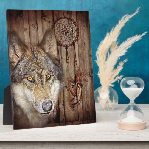 Western dream catcher  native american indian wolf plaque