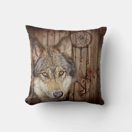 Western dream catcher  native american indian wolf throw pillow