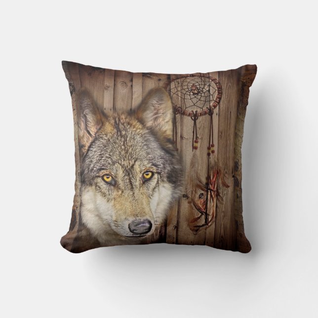 Western dream catcher  native american indian wolf throw pillow (Front)