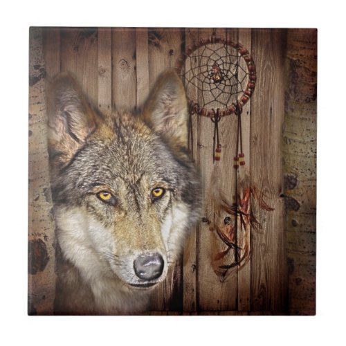 Western dream catcher  native american indian wolf tile