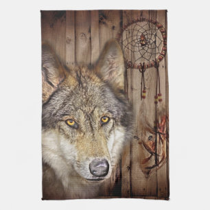 Western dream catcher native american indian wolf towel