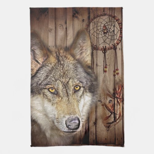 Western dream catcher  native american indian wolf towel