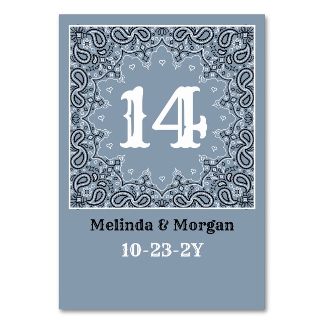 Western Dusty Blue Bandana Personalized Wedding Table Number (Front)