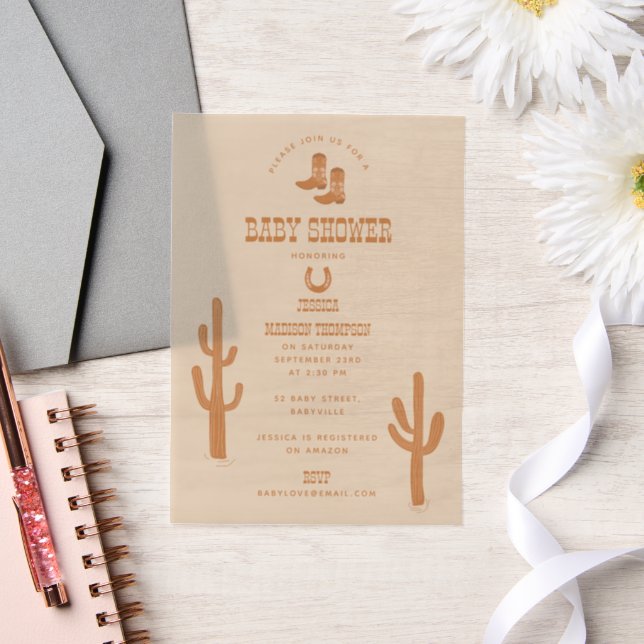 Western Earth Tone Country Baby Boots Shower Vellum Invitations (Wedding)