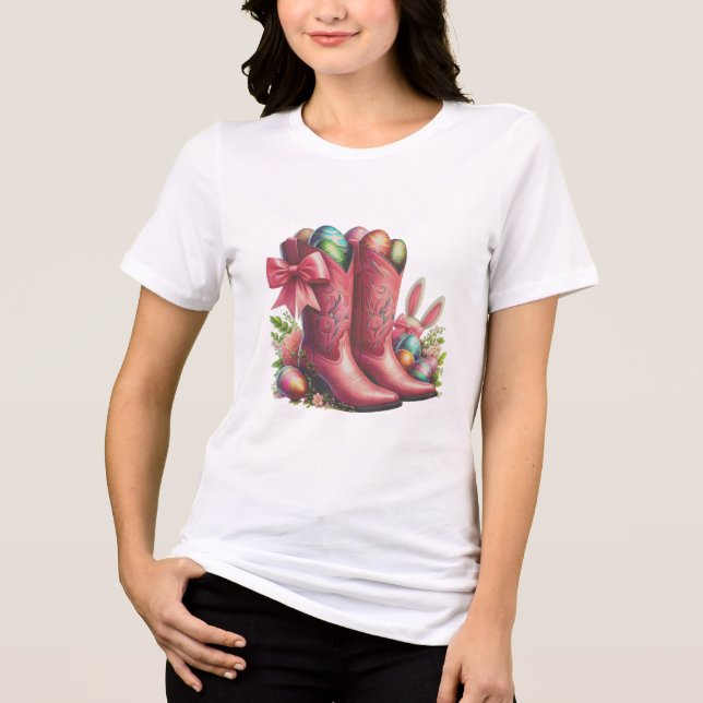 Western Easter Vibes – Pink Cowboy Boots & Easter  Tri-Blend Shirt (Front)