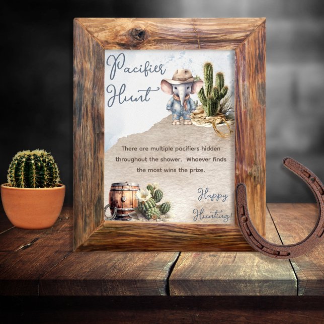 Western Elephant Cowboy Baby Shower Pacifier Hunt Poster (Rustic Western Elephant Cowboy Boy Baby Shower "Pacifier Hunt" Sign --  in print and/or download)