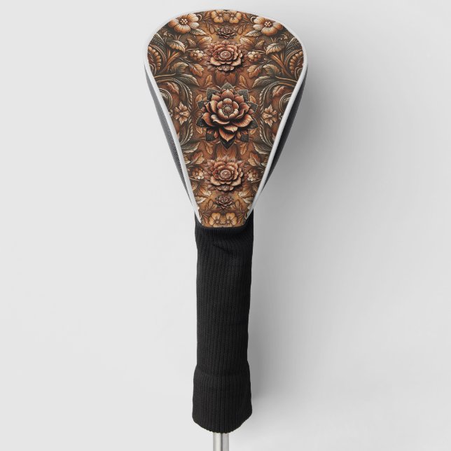 Western Embossed Brown Floral Leather Look Golf Head Cover (Front)