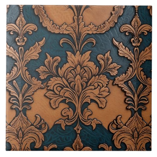Western Embossed Leather Tan Denim Blue Ceramic Tile