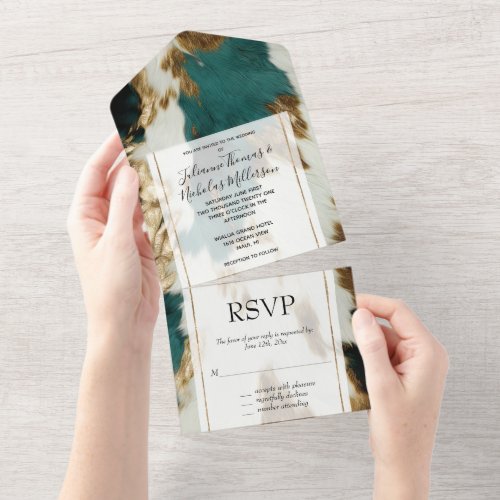 Western Emerald Gold White Cowhide  All In One Invitation