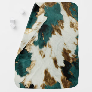 Western Emerald Gold White Cowhide Baby Blanket