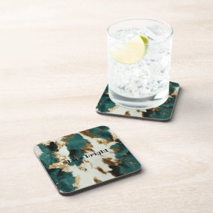 Western Emerald Gold White Cowhide  Beverage Coaster