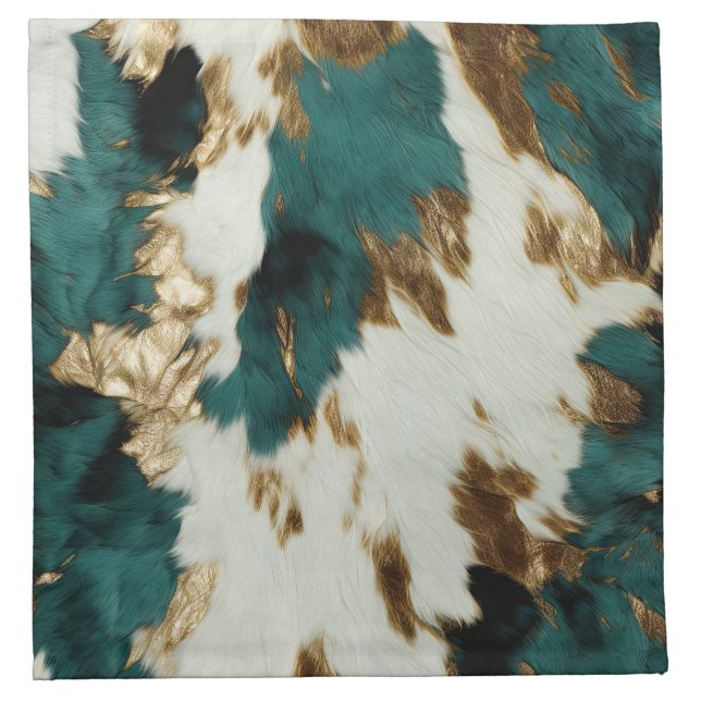 Western Emerald Gold White Cowhide  Cloth Napkin (Front)