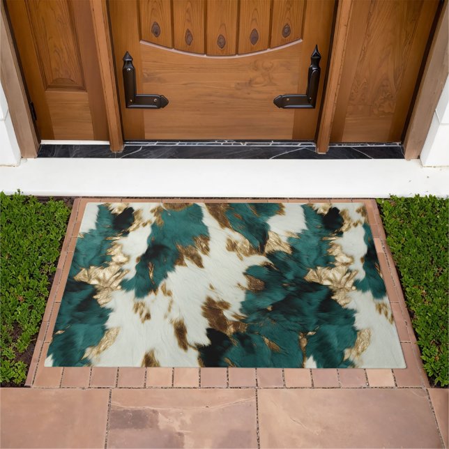 Western Emerald Gold White Cowhide  Doormat (Outdoor)