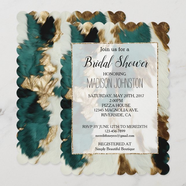 Western Emerald Gold White Cowhide Invitation (Front/Back)