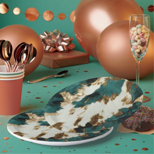 Western Emerald Gold White Cowhide  Paper Plates (Multi)