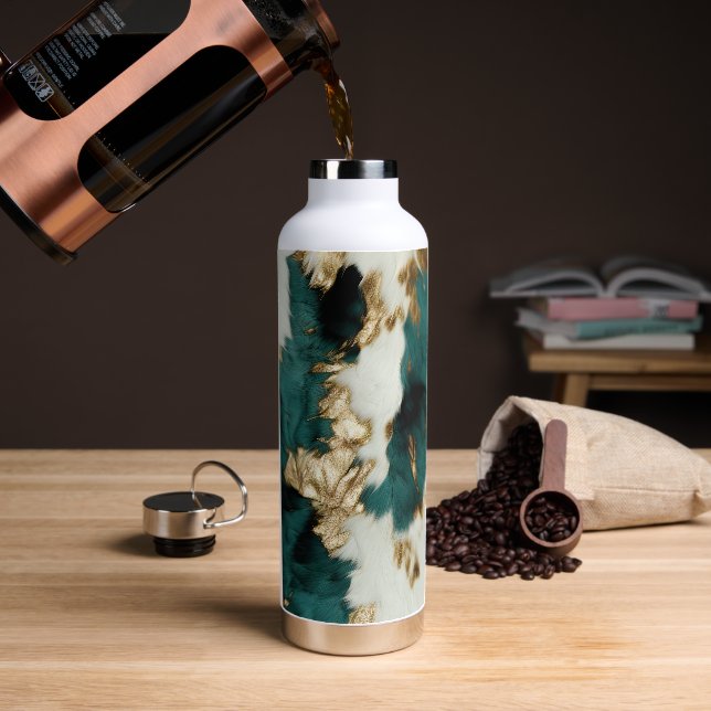Western Emerald Gold White Cowhide  Water Bottle (Coffee)