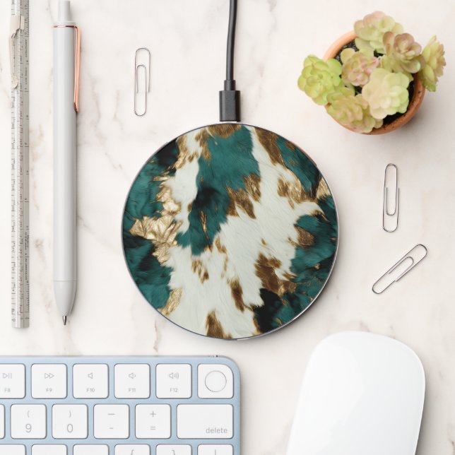 Western Emerald Gold White Cowhide  Wireless Charger (Desk)