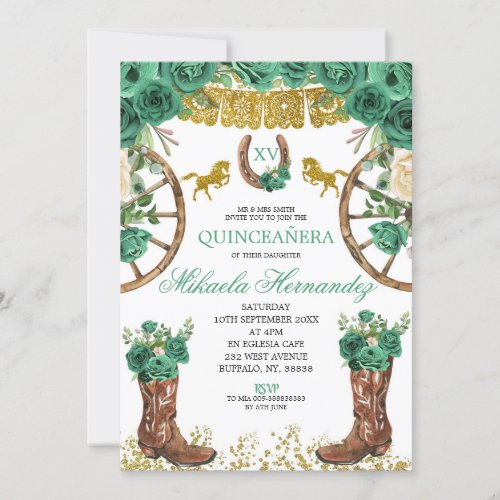 Western Emerald Green Charra Quinceanera Invitatio Invitation