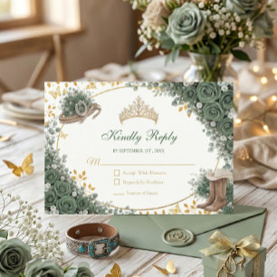 Western Emerald Green Golden Country Quinceañera RSVP Card