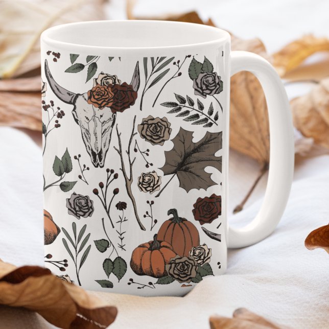 Western Fall Harvest and Cow Skulls Coffee Mug (Rustic Autumn Country Cow Skulls, Fall Harvest and Roses Hand-Drawn Pattern in Black Ink.)