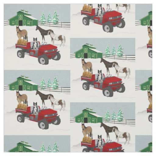 Western Farm Horse Ranch Red ATV Dog and Barn Fabric