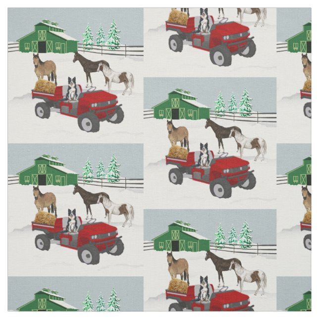 Western Farm Horse Ranch Red ATV Dog and Barn Fabric (Swatch)