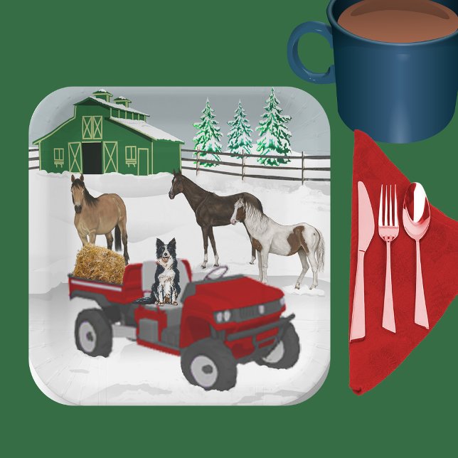 Western Farm Horse Ranch Red ATV Dog and Barn Paper Plates (Creator Uploaded)