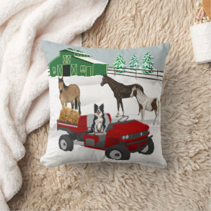 Western Farm Horse Ranch Red ATV Dog and Barn Throw Pillow