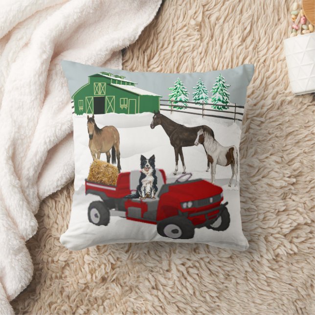 Western Farm Horse Ranch Red ATV Dog and Barn Throw Pillow (Blanket)