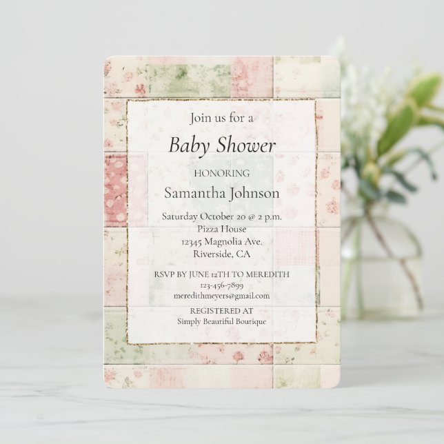 Western Farm Mint Pink Floral Quilt Patterns Invitation (Standing Front)