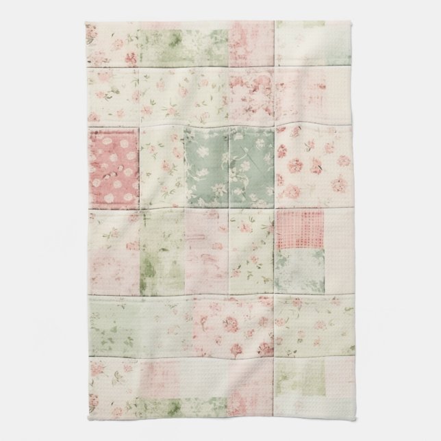 Western Farm Mint Pink Floral Quilt Patterns Kitchen Towel (Vertical)