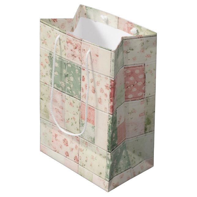 Western Farm Mint Pink Floral Quilt Patterns Medium Gift Bag (Front Angled)