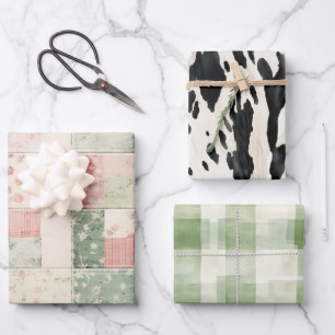 Western Farm Mint Pink Floral Quilt Patterns Wrapping Paper Sheets