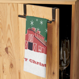 Western Farm Ranch Red Barn Christmas  Kitchen Towel