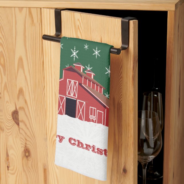Western Farm Ranch Red Barn Christmas  Kitchen Towel (Thirds Fold)