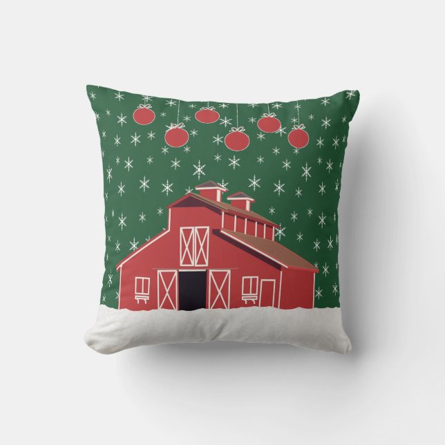 Western Farm Ranch Red Barn Holiday Throw Pillow (Front)