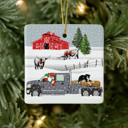 Western Farm Ranch Santa Cattle and Dog Ceramic Ornament