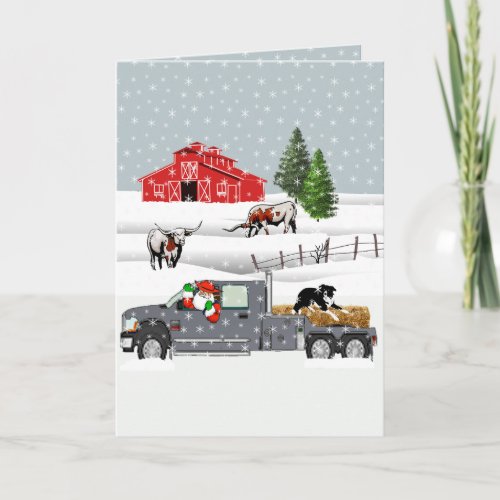 Western Farm Ranch Santa Cattle and Dog Christmas Card