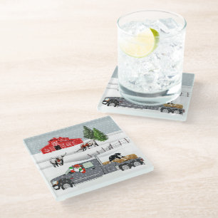 Western Farm Ranch Santa Cattle and Dog Glass Coaster