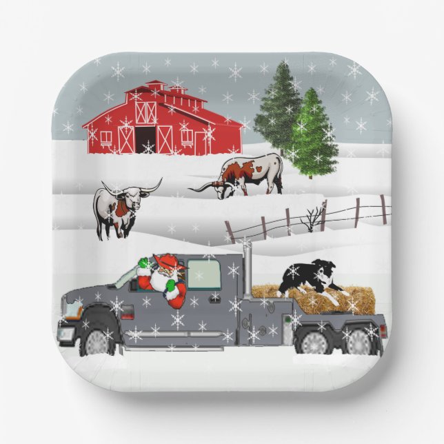 Western Farm Ranch Santa Cattle and Dog Paper Plates (Front)