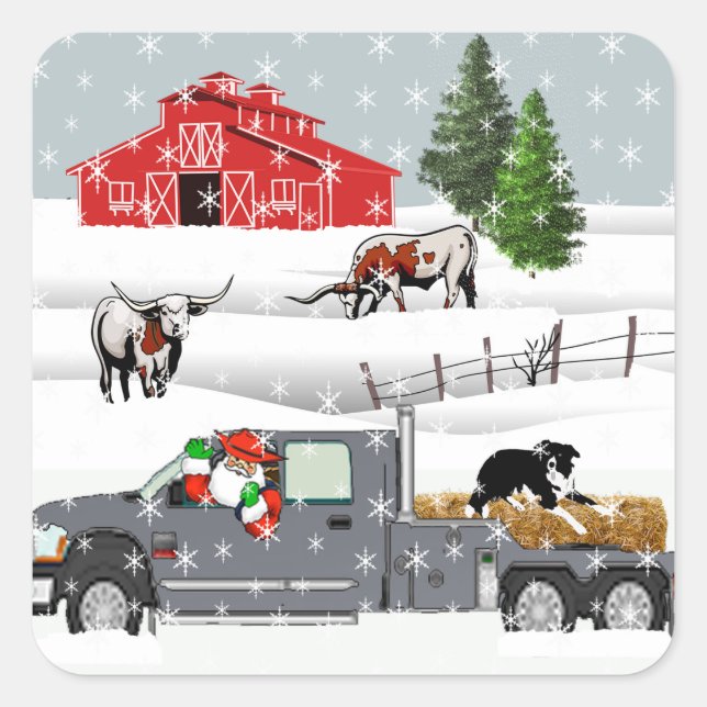 Western Farm Ranch Santa Cattle and Dog  Square Sticker (Front)