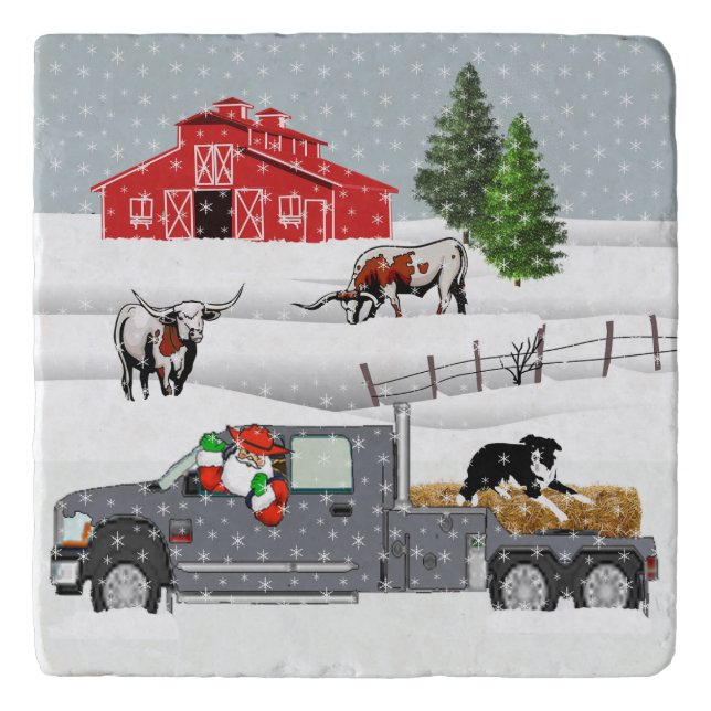 Western Farm Ranch Santa Cattle and Dog  Trivet (Front)