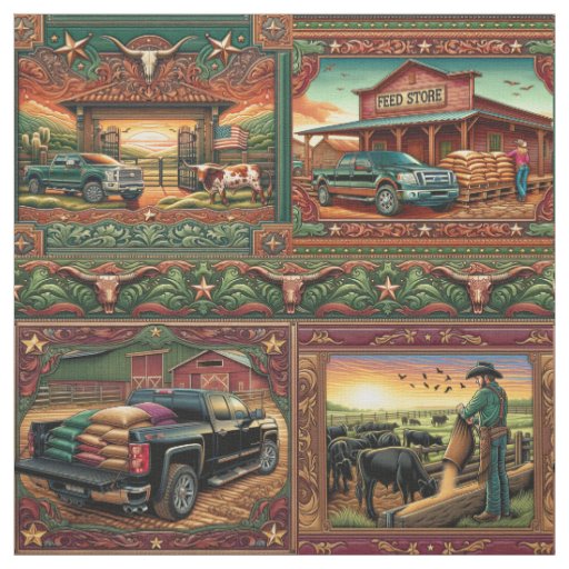 Western Farm Ranch Scenes Faux Leather Print Fabric