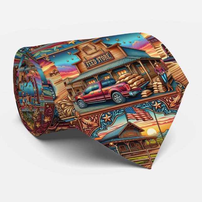 Western Farm Ranch Scenes Large Print Neck Tie (Rolled)