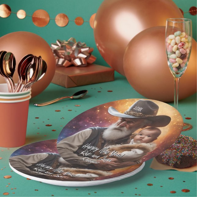 Western Father Time and Baby New Year Paper Plates (Multi)